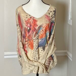 Vintage Feather Leopard Print Print Knit Pullover V Neck Boho Slouchy Made in US